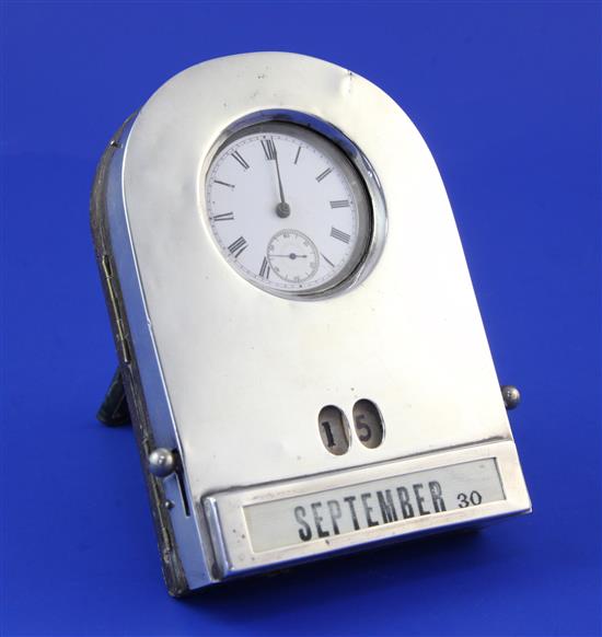 An early 20th century silver mounted combination desk watch holder and calendar, approx. 5in.